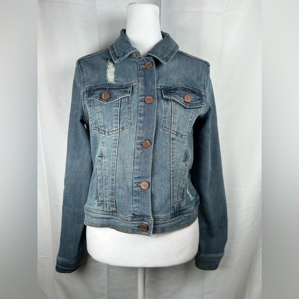 Joujou Denim Jacket Girls Size 14 Large Blue Distressed Cropped Button Front